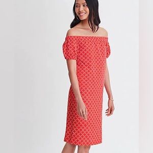 Ann Taylor Geo Clip Shift Dress Small Off The Shoulder Short Puff Sleeve Red